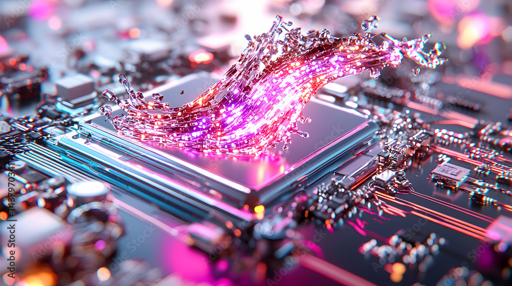 Poster abstract art of a circuit board with a wave of light and water suggesting data processing or a techn