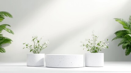 White Podium with Plants Minimalist Style High-resolution Soft Lighting Centered Display Textured Surfaces Product Presentation Bright Studio Backdrop Clean Aesthetic Ideal for Branding