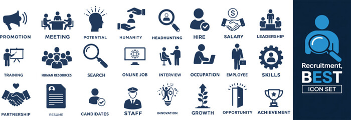 Recruitment Icon Set Collection A Comprehensive Set for HR, Job Search, Candidate Management, Staff, Skills, Resume, Employee, Occupation, Interview, Online Job, Training