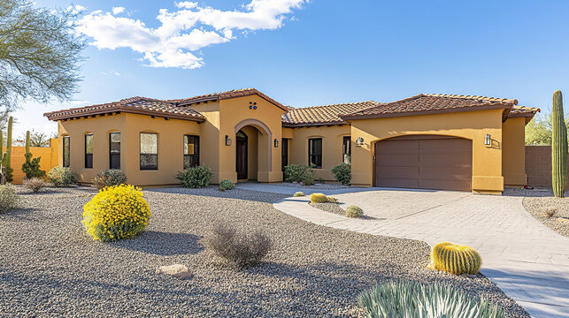 Freshly built home with finished stucco exterior and desert landscaping, showcasing modern