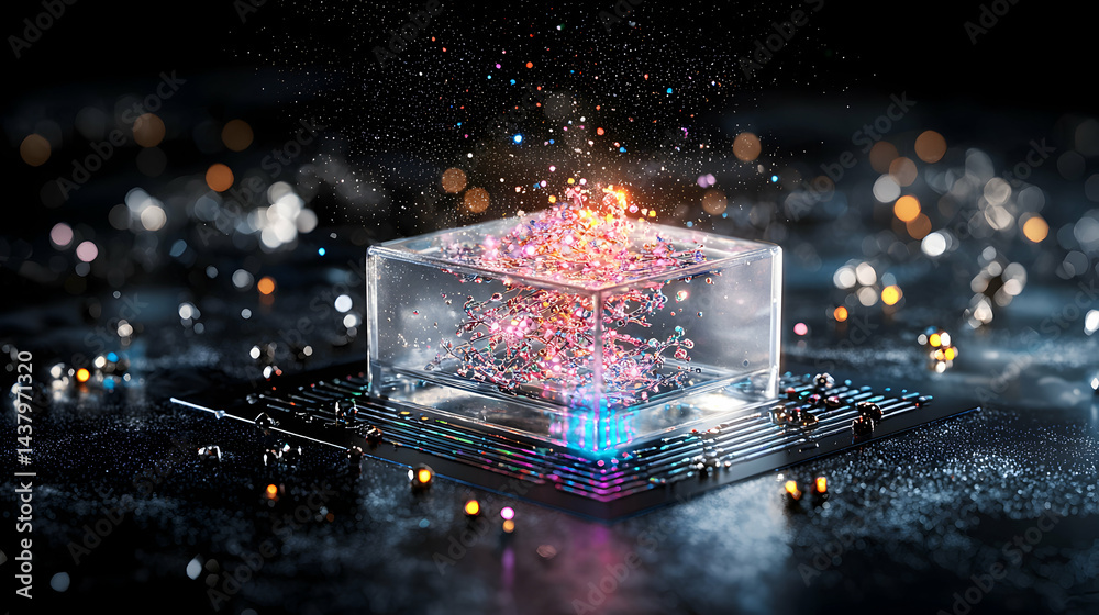 Poster a futuristic image of a glowing data cube on a circuit board. use it for tech articles presentations