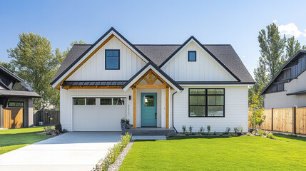 Obraz premium Freshly built white cottage home with wood trim and modern design, surrounded by greenery