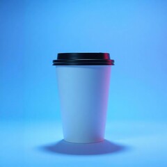 Single disposable coffee cup against vibrant blue background