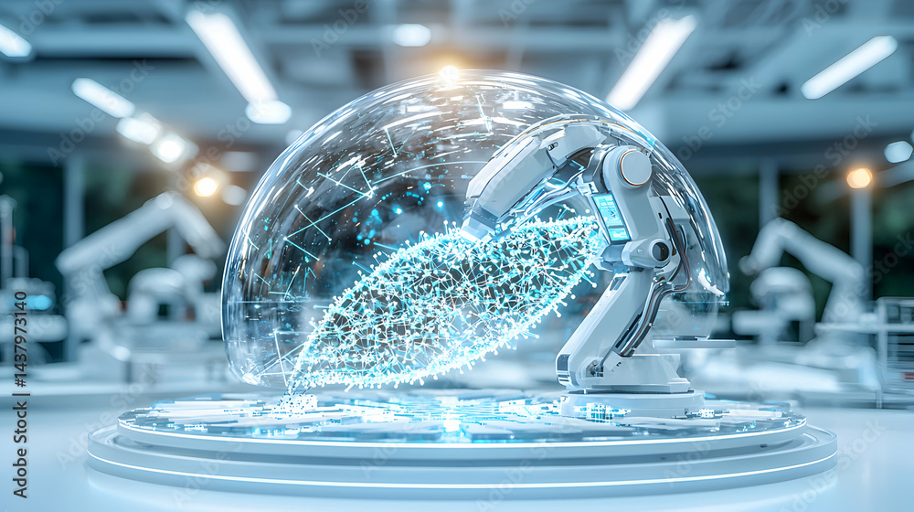 Poster an ai-powered robotic arm manipulates a complex data visualization. this futuristic technology could