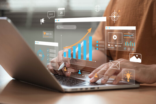 Marketing Strategy and Advertising Analysis for Digital Business Growth Concept with SEO Data Trends and Online Campaign Management, Creative Content Performance for Targeted Audience Reach