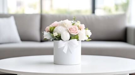 A bouquet of pastel flowers in a white gift box on a white coffee table in a living room