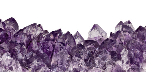 large violet amethyst crystals group on white