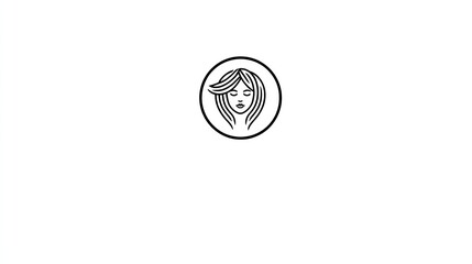 Logo, vector art illustration of a beautiful woman with long, black, wavy hair and red lips on a white circle background