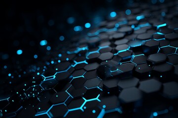 Obraz premium Abstract Hexagonal Pattern with Glowing Blue Elements on Dark Background for Technology and Science Concepts in Modern Design