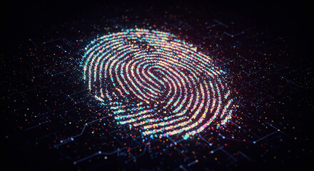 An abstract visual of a digital fingerprint made from glowing pixels, symbolizing identity and data security.