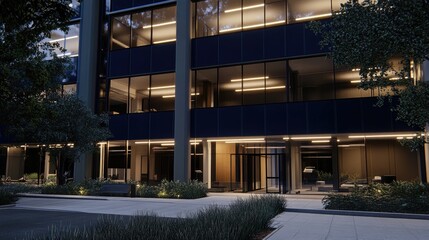 Modern office building at night, with landscaping