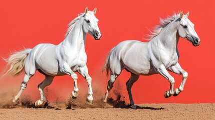 Fototapeta premium Playful young white horse kicking up dust against a vivid red background