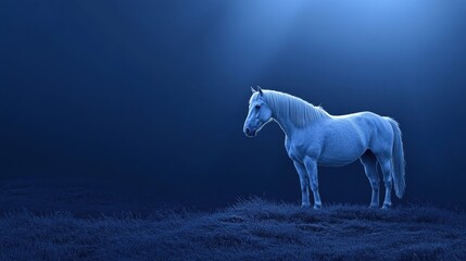 Strong white horse standing still under spotlight effect against a moody midnight blue background