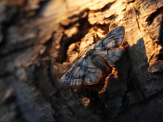 A moth resting on a piece of bark, illuminated by the golden rays of the late afternoon sun. Its wings are closed, blending in perfectly with the textured bark.