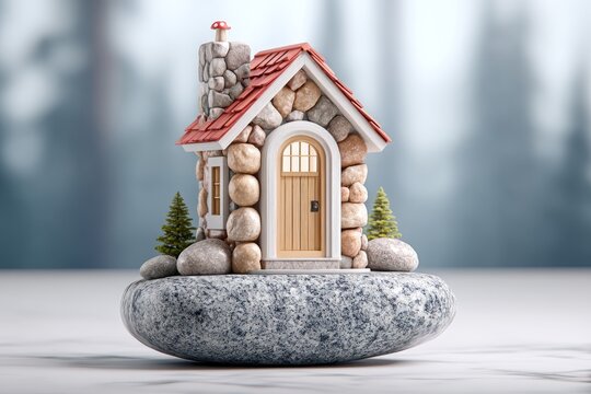 Miniature cozy house on rock, charming small home with detailed features surrounded by nature, ideal for home decor theme.