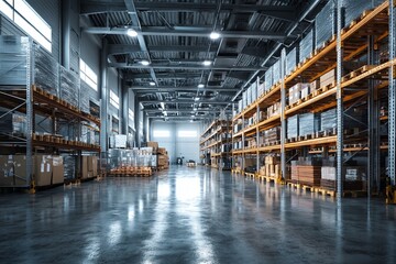 Modern warehouse interior with organized shelves, bright lighting, and clear space for storage and logistics operations in a spacious industrial environment