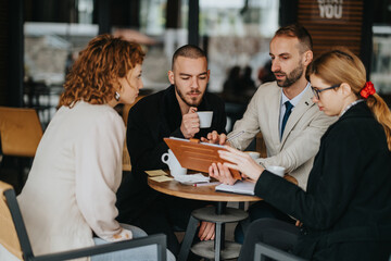 A group of professionals holding a discussion while reviewing documents and enjoying coffee outdoors, emphasizing collaboration and teamwork.