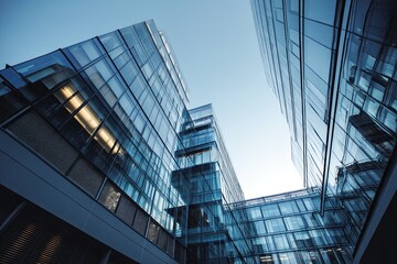 Modern Glass Architecture in Urban Landscape with Reflections and Clear Sky Creating a Contemporary Business Environment Aesthetic
