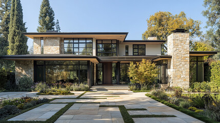 Modern residence with mixed stone and stucco, surrounded by lush landscaping and trees
