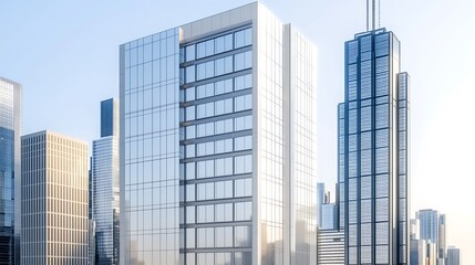 Obraz premium Cityscape of glass-clad skyscrapers against a clear, sunny sky in a metropolitan area