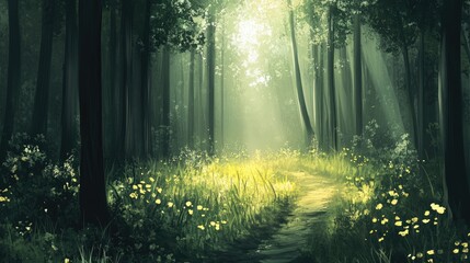 Obraz premium Sunlit path through a mystical forest. Soft light filters through tall trees, illuminating a grassy path. Delicate yellow wildflowers carpet the ground