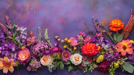 Vibrant Purple Pink Orange Floral Arrangement Beautiful Flowers Summer Blossom Colorful Botanical Garden Floral Design Romantic Nature Background     