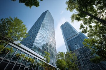 Obraz premium Modern urban architecture with glass skyscrapers and green trees under a vibrant blue sky, showcasing a futuristic cityscape concept for various projects