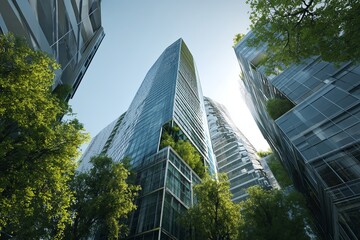 Modern urban architecture with glass skyscrapers and green trees under a vibrant blue sky, showcasing a futuristic cityscape concept for various projects