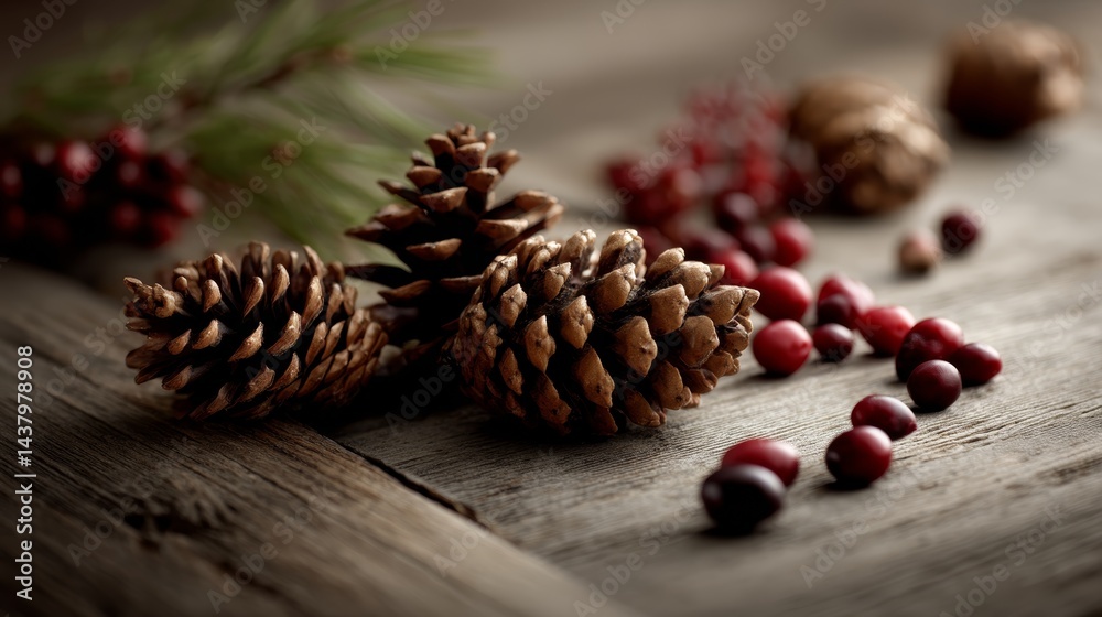 Poster rustic pinecones cluster next to vibrant red berries, arranged on a weathered wooden plank, creating