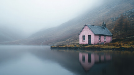 serene pink cottage reflects in misty lake surrounded by mountains