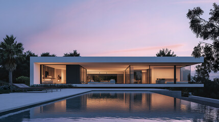 Fototapeta premium minimalist villa at twilight with warm lights reflecting on water, creating serene atmosphere