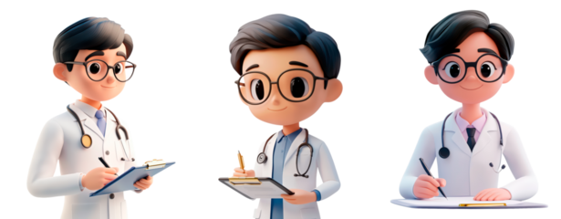 3d doctor character write on a clipboard isolated on transparent background