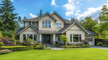 Luxurious beige family house with green yard and trees, showcasing elegant architecture