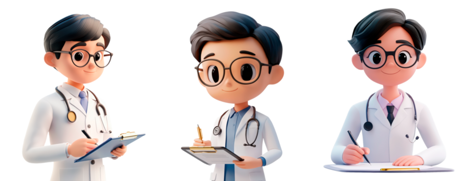 3d doctor character write on a clipboard isolated on transparent background - Powered by Adobe