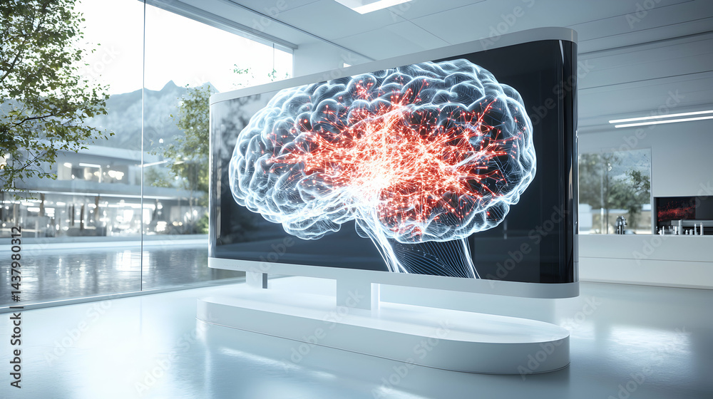 Poster an advanced medical display showcases a brain scan with glowing neural activity. it would suit hospi