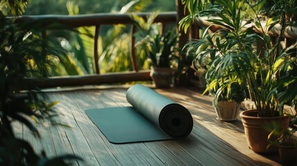 Yoga mat rolled out on a wooden floor surrounded by green plants in a peaceful setting
