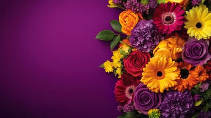 Fototapeta premium Vibrant Colorful Flower Bouquet Purple Background Floral Design Spring Summer Blossom Arrangement Romantic Flowers Gerbera Roses Carnations Floral 