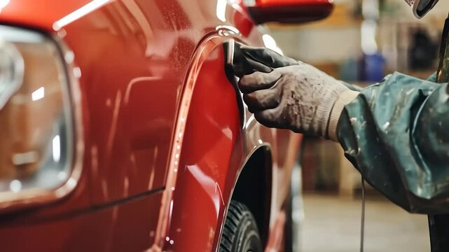 Red car fender repair in auto shop