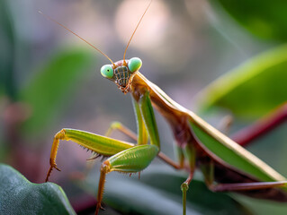A Praying Mantis in the middle of striking a pose, its front legs raised in the air. The background is a soft blur of foliage, highlighting the unique stance and structure of the insect.