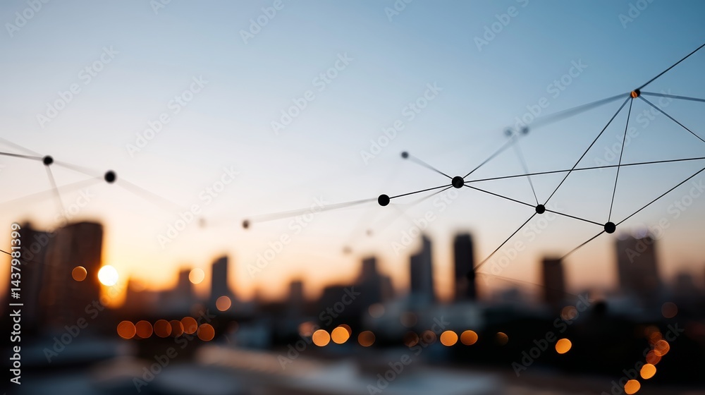 Poster Glowing nodes and lines create a network connecting over a city skyline during sunset, with warm tones illuminating the background and blank area for text on the left