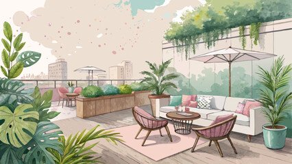 Fototapeta premium *Watercolor Rooftop Terrace Mockup – Abstract Pastel Furniture & Green Plant Splashes for Trendy Urban Oasis (Copy Space Left)* 