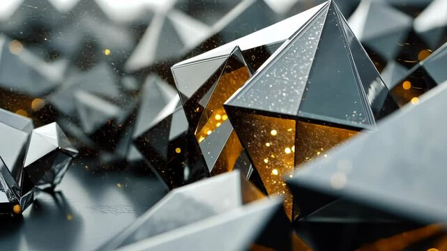 Abstract geometric shapes, dark pyramid crystals, glowing interior, intricate design