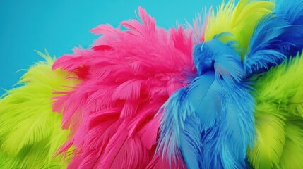 Obraz premium Vibrant feather explosion featuring neon pink, lime green, and bright blue chicken plumes