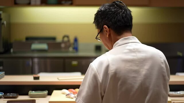Culinary Arts in Action: A Focused Asian Male Chef in a Restaurant Kitchen Preparing Sushi with Precision and Skill