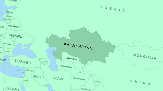  Kazakhstan on world map animated, slow movement, 4K.