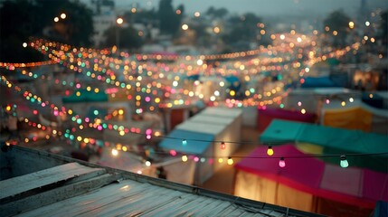 Obraz premium Bright outdoor festival lights and colorful tents create a lively atmosphere under the evening sky, suggesting a dynamic gathering with a joyful ambiance