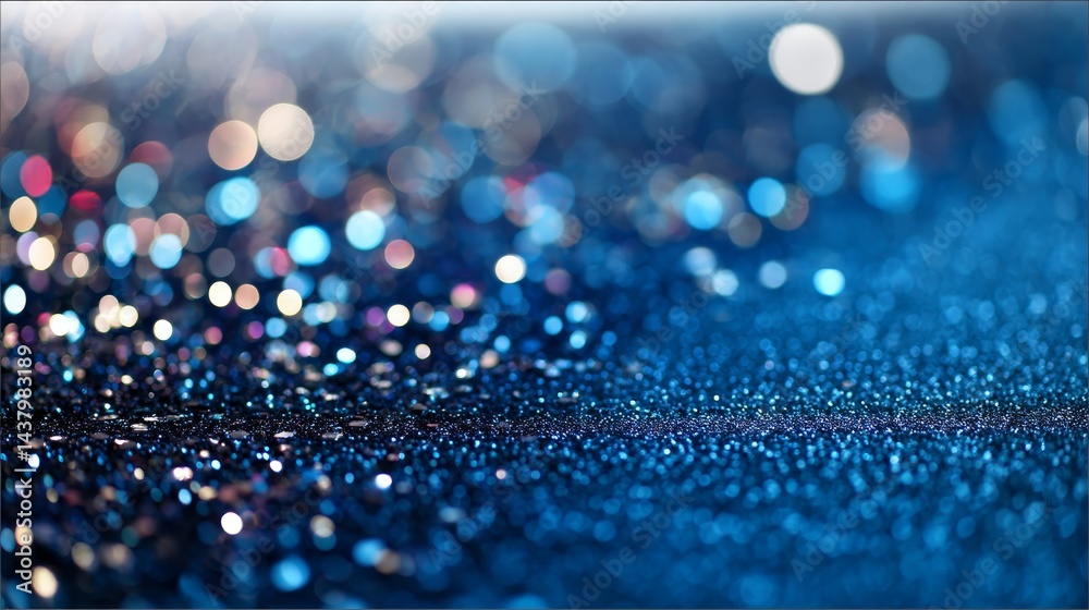Poster Shimmering deep blue particles and scattered bokeh light spots create a captivating abstract background. The scene features vibrant colors and a dark backdrop
