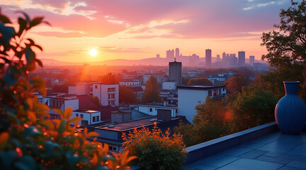 Obraz premium *Watercolor Sunset Over Urban Rooftops – Warm Orange & Pink Sky with Silhouetted Plants for Serene Cityscape (Copy Space Left)* 