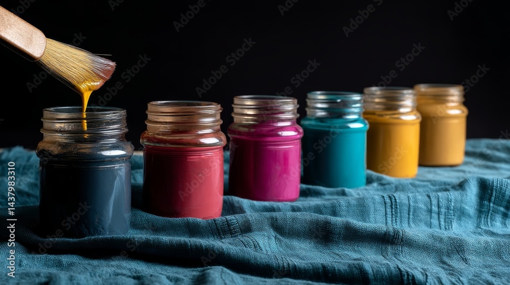 Aufkleber A paintbrush creates vibrant strokes on a canvas while surrounded by jars of paint and textured fabric in a bright artistic studio setting