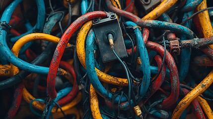 A chaotic tangle of colorful, weathered electrical wires and cables creates a complex, abstract texture with a small, worn electrical box and connector subtly present amongst the